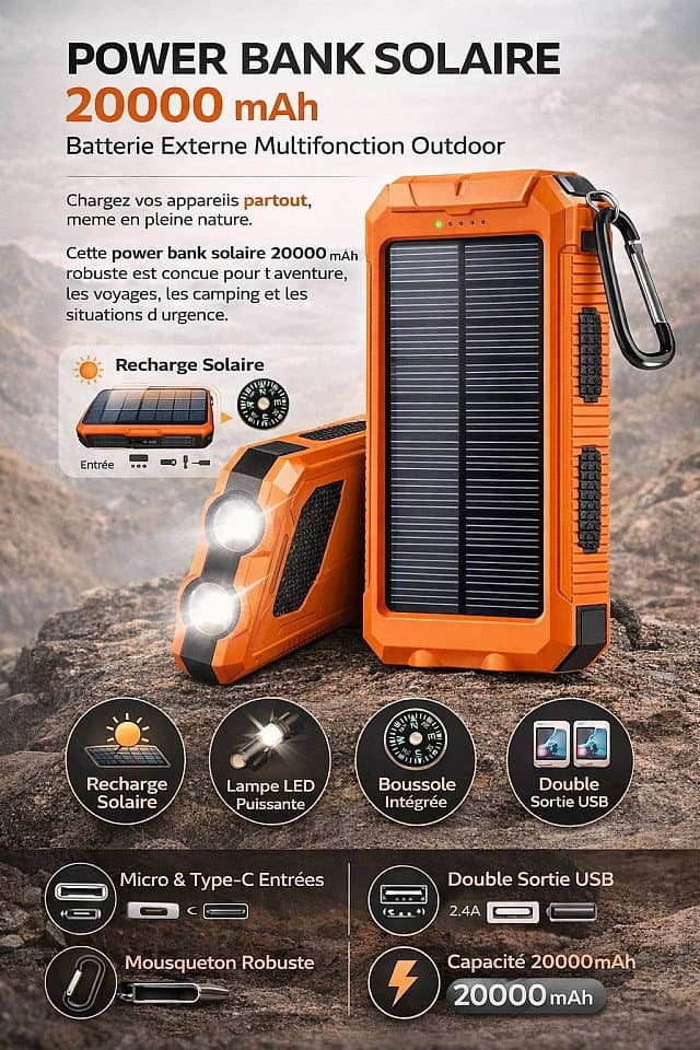 batterie solaire avec boussole plusieurs fiche lumiere puissante